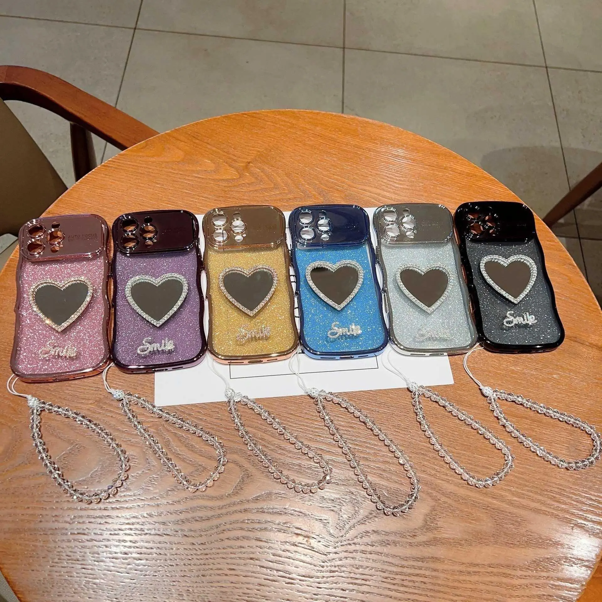 Electroplated Transparent Wavy Large-Window Glitter For iPhone 17 Phone Case with Heart Mirror Lanyard Protective Cover HNAB84PLQWE
