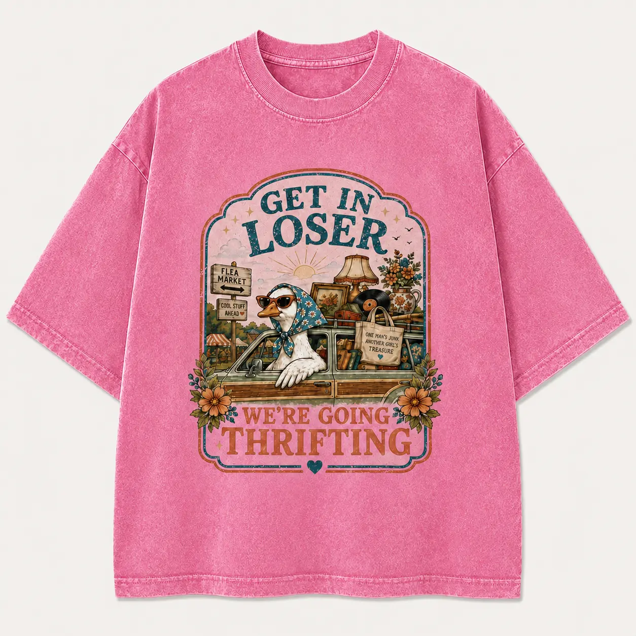 Women's Vintage Graphic Shortsleeve Tee, Oversized Relaxed Fit T-Shirt with a Retro Duck Print for Casual Streetwear Looks, Vibe, Graphic Tee, Thrift Stores, Cargo, Tshirt, Style, Floral, Quote, Everyday, Tops, Thanksgiving, Drop Shoulder