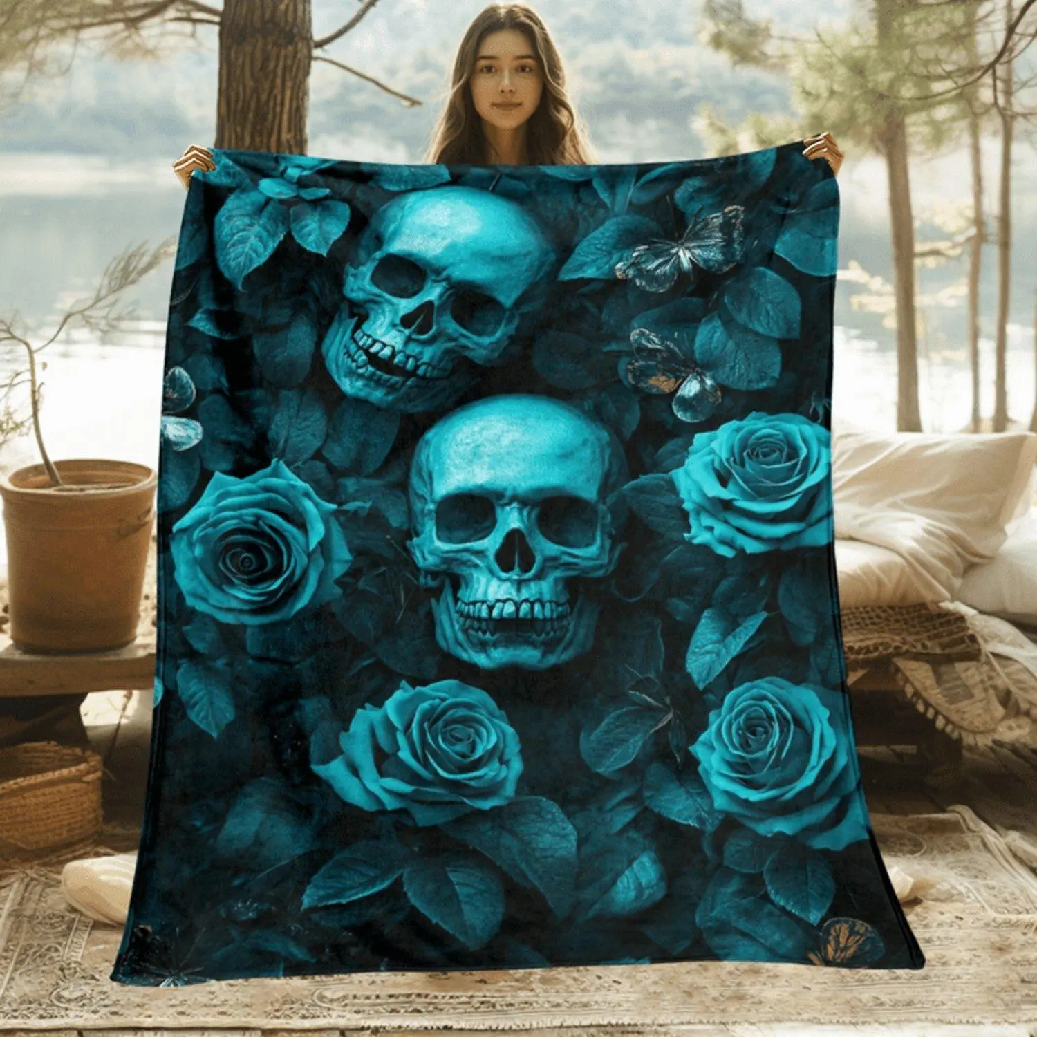 1pc Gothic Floral Skull Throw Blanket Turquoise Blue Dark Teal HD Printed Flannel Lightweight Soft Warm Blanket for Bed Sofa Office Travel Gothic Home Perfect Adult Birthday Halloween Housewarming Gift