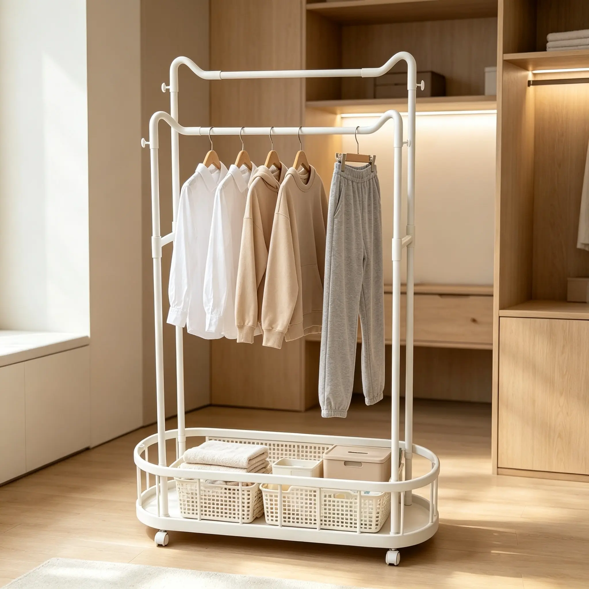 Heavy-Duty Rolling Carbon Steel Clothing Rack, Freestanding Clothing Hang with Bottom Storage Basket, Mobile Home Organizer with Lockable Wheels for Bedroom Entryway