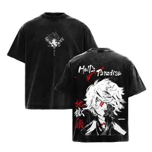 Hell's Paradise Gabimaru Graphic T-Shirt Hoodie in Jigokuraku Anime Style, Oversized Vintage Washed Cotton Tee, Heavyweight Hooded Sweatshirt, Harajuku Streetwear Dark Aesthetic Manga Merch for Men Women Black