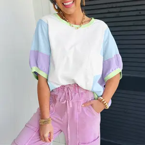 Women's Oversized White Color Block Patchwork Half Sleeve T-Shirt with Pocket  Womenswear Casual Crewneck Basic Tshirt  Top Summer