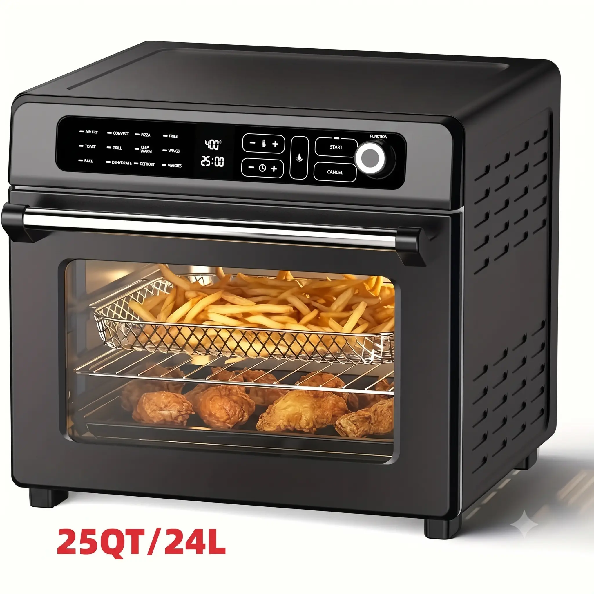 Kismile 25QT Digital Stainless Steel Countertop Multifunction Oven - 12-in-1 Air Fryer Toaster Oven Combo, 1600W Natural Convection, Digital Control, Roast,Bake,Dehydrate,Reheat, Black (Included Food Cooking Ideas), Timer, Cooker, Parties