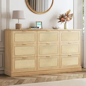 9 Drawer Dresser for Bedroom, 60 Inch Long Dressers & Rattan Chest of Drawers, Large TV Stand for 55, 65, 70 Inch TV, Boho Style, Modern Dresser for, Living Room, Entryway, Bedroom, Natural Oak