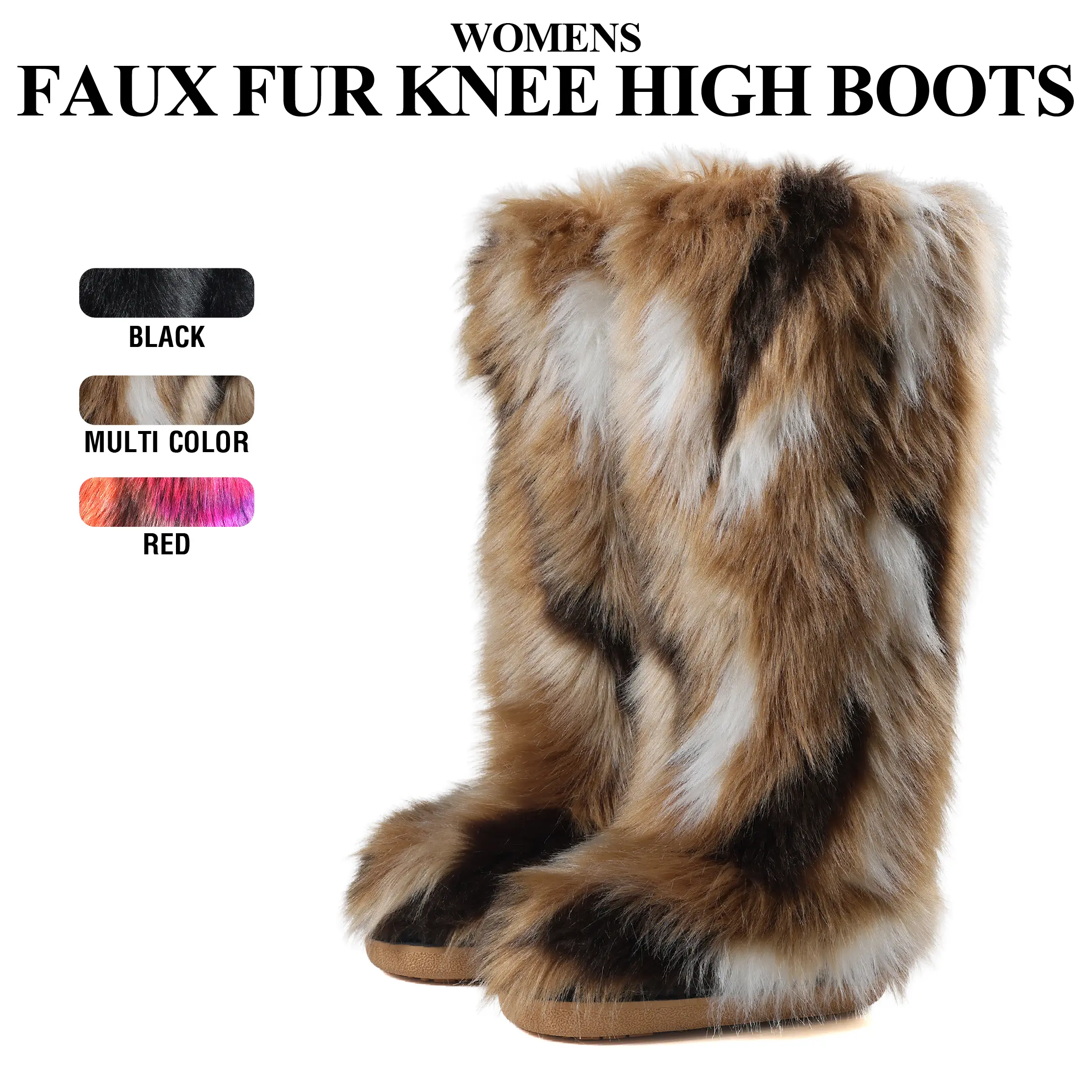 Womens Knee High Boots Roundeed Toe Platform Heels Multi Fluffy Plush Faux Fur Pull On Comfy Snow Bootie Party Casual Outdoor Clubbing Spring Boots Deals For You Days