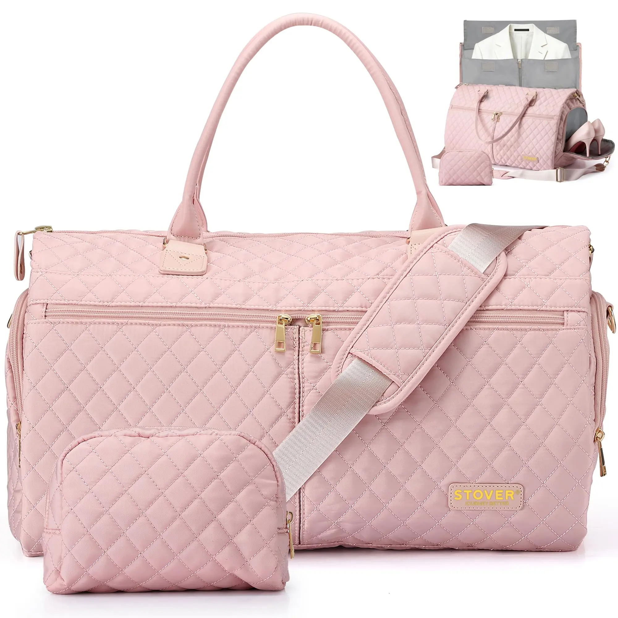 STOVER Women’s Convertible Garment Duffel Bag for Travel, 2-in-1 Carry-On Weekender Overnight Tote - Wrinkle-Free Dresses, Hanging Suits, Clothes + Shoe Compartment & Bonus Toiletry Bag