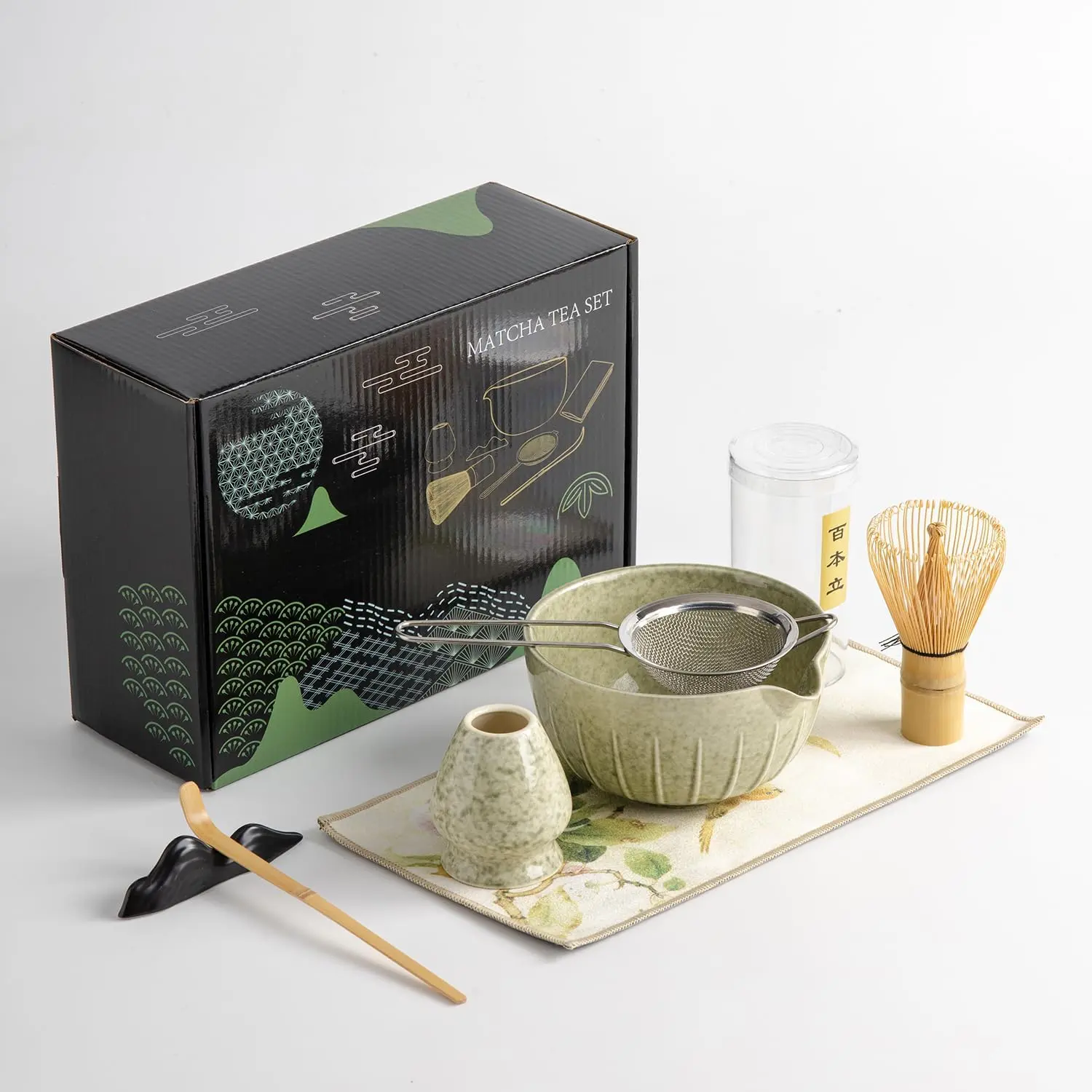Matcha Ceremony Accessory, Matcha Whisk, Traditional Scoop (Chashaku), Tea Spoon, Whisk Holder, 1 tea bowl, 1 tea siev, The  Set to Prepare a Traditional Cup of Matcha. (waitu001)