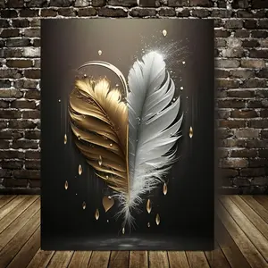 1 Piece 2D - Elegant White and Gold Feather Canvas Art with Wooden Frame, Suitable for Home, Office or Spa Decoration, Perfect Holiday Gift for Family and Friends, 29.97x 39.88cm, Elegant Wall Art| Wooden Frame Art, Feather, Wall Art Painting