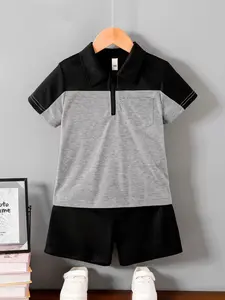 Boys' Summer Casual Set, Zipper Polo Shirt & Shorts, Lightweight Breathable, Outdoor Daily Wear, 2-Piece Set