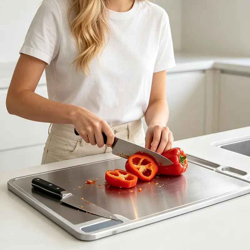 2-in-1 304 Stainless Steel Cutting Board with Built-in Sharpener – Reversible PP & Metal Chopping Block, Non-Slip & Hygienic Kitchen Prep Station, Space-Saving Stand-Up Design