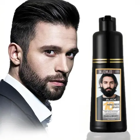 Men's 3-in-1 Black Beard & Hair Dye Shampoo - Haircare Product with Plant Extracts, 10-Min Instant Gray Hair Coverage, Coloring, Restore & Beard Styling, Long-Lasting 3-4 Weeks