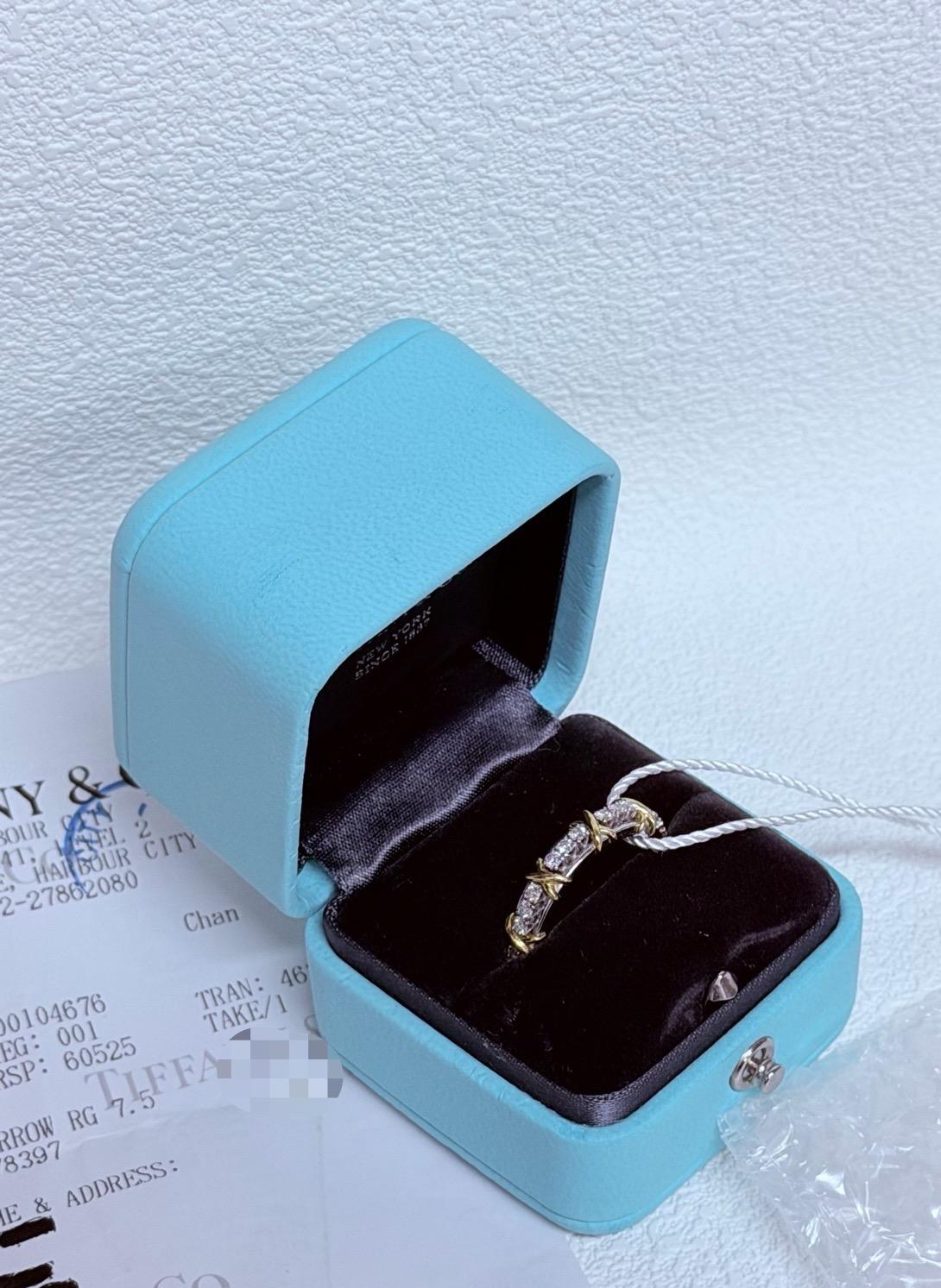 Pre-owned Tiffany & Co. Sixteen Stone Narrow Band Ring, Platinum & Yellow Gold with Diamonds, US Size 7.5