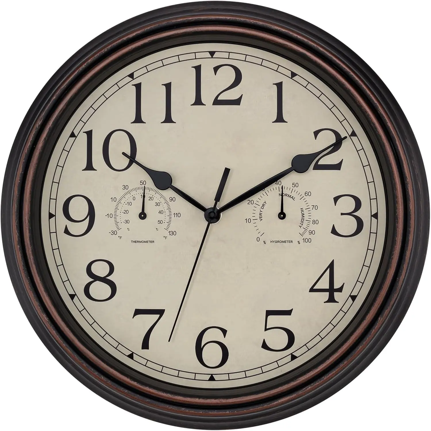 Indoor Outdoor Waterproof Wall Clock with Thermometer and Hygrometer Combo, 14 Inch Retro Silent Non-Ticking Battery Operated Quartz Round Outdoor Clocks for Patio Home Office (Bronze)