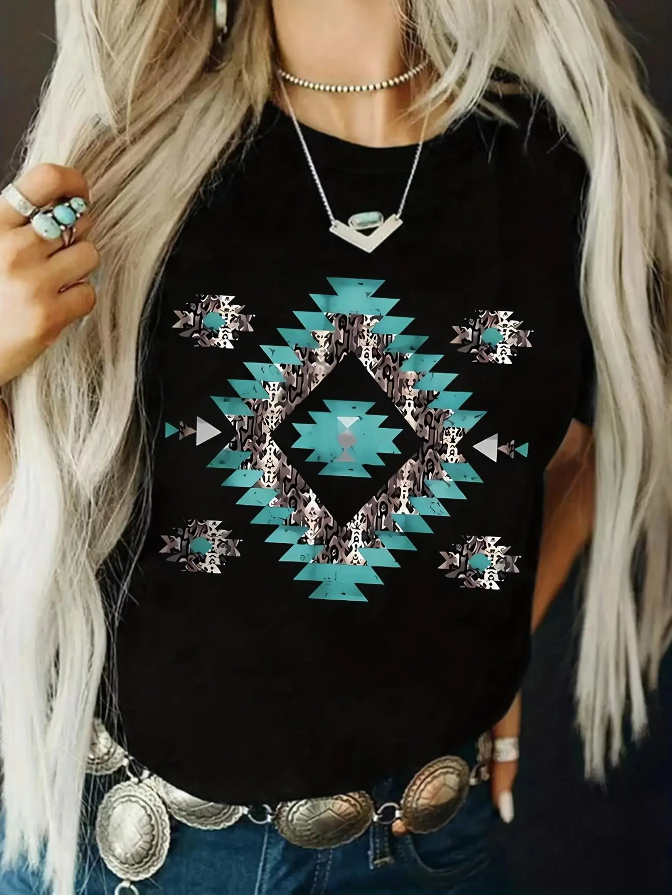 Ladies' Black Short-Sleeve Crew Neck Tee - Showcasing a Striking Turquoise And Animal Print Geometric Diamond Design, This Ultra-Soft And Breathable Lightweight Top Is Ideal for a Western Boho Look, Casual Everyday Wear, And Spring-Summer Fashion