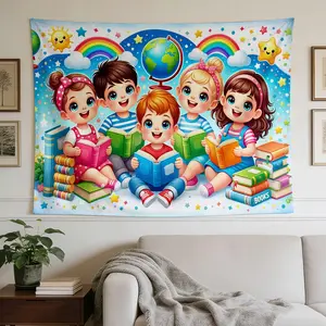 Reading Books Tapestry Wall Decor - Children's Literature Theme Wall Decoration, Horizontal Fabric Poster, Suitable for Rooms, Dormitories, Game Rooms, Ready-to-Hang Decor