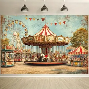 1pc Vintage Carnival Backdrop - Carousel Ferris Wheel Bunting Retro Design for Wedding Birthday Event Durable Polyester Multiple Sizes
