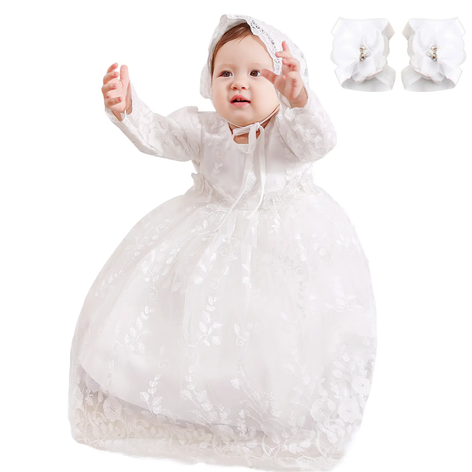 Baby Girl Christening Dress Set, White Lace Long‑Sleeve Baptism Gown with Bonnet & Foot Flowers, Infant Formal Wedding Birthday Ceremony Outfit Elegant Princess party