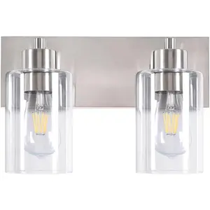 Bathroom Light Fixtures, 2-Light Brushed Nickel Bathroom Vanity Light, Modern Wall Sconces with Clear Glass Shade for Hallway Kitchen Foyer