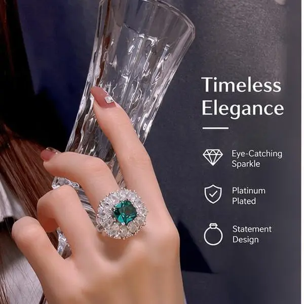 Premium Synthetic VVS1 Clarity Moissanite & Green Diamond Open Adjustable Size Ring - Cushion Halo Set, Oval Cut, Prong-Set, Rhinestone Accents, Sexy Elegance Valentine Gifts for Women Lab-Grown Ruby Affordable Luxury Jewelry high quality copper promise,