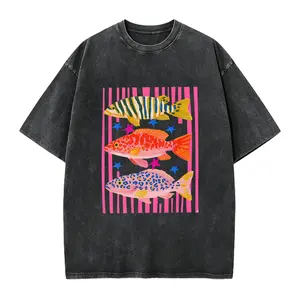 Vibrant Tropical Leopard Fish Pink Stripe Mineral Wash Oversized T-Shirt, Bright Retro Sea Creature Graphic Washed Tee, Y2K Coastal Aesthetic Loose Cotton Top, Fun Summer Beach Shirt Gift For Ocean Lovers