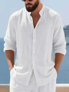 Men's solid-color linen long-sleeved dress shirt with buttons, a casual basic-style gentleman's shirt with pockets, a stylish and comfortable linen shirt suitable for daily casual and business occasions