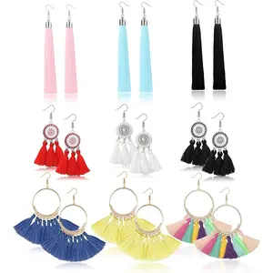 FINREZIO 9 Pairs Colorful Unique Tassel Dangle Earrings for Women Men Assorted Long Fringe Dreamcatcher Hoop Drop Earrings Hypoallergenic Lightweight 316L Stainless Steel Jewelry Set Ideal Gift for Birthday Holiday Vacation