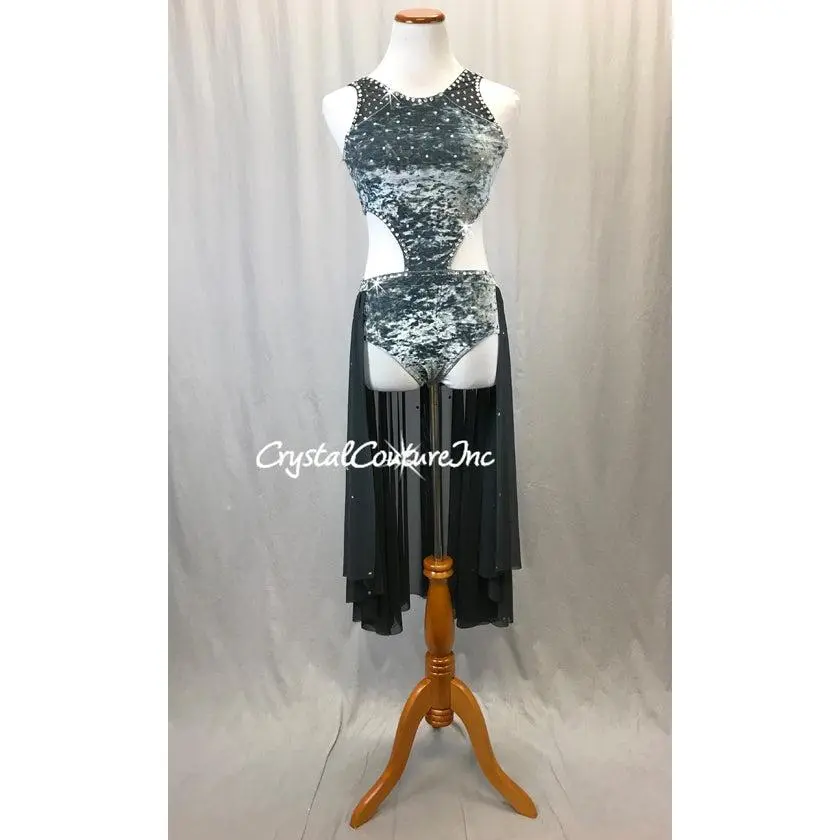 Slate Gray Stretch Velour and Charcoal Mesh Connected 2-Piece - Swarovski Rhinestones