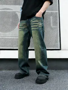 Men's Y2K Aesthetic Vintage Stonewashed Wide-Leg Jeans, Retro Distressed Denim Loose-Fit Street-Style Pants, Streetwear, Suitable for All Seasons, the Perfect Gift for Husband or Boyfr, Relaxed Fit Jeans