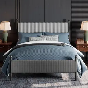 Full Size Grey Upholstered Bed Frame - with Velvet Headboard, Soft Corduroy Fabric Platform with Wooden Slats Support & Heavy Duty Feet, No Box Spring Needed, Noise Free, Easy Assembly