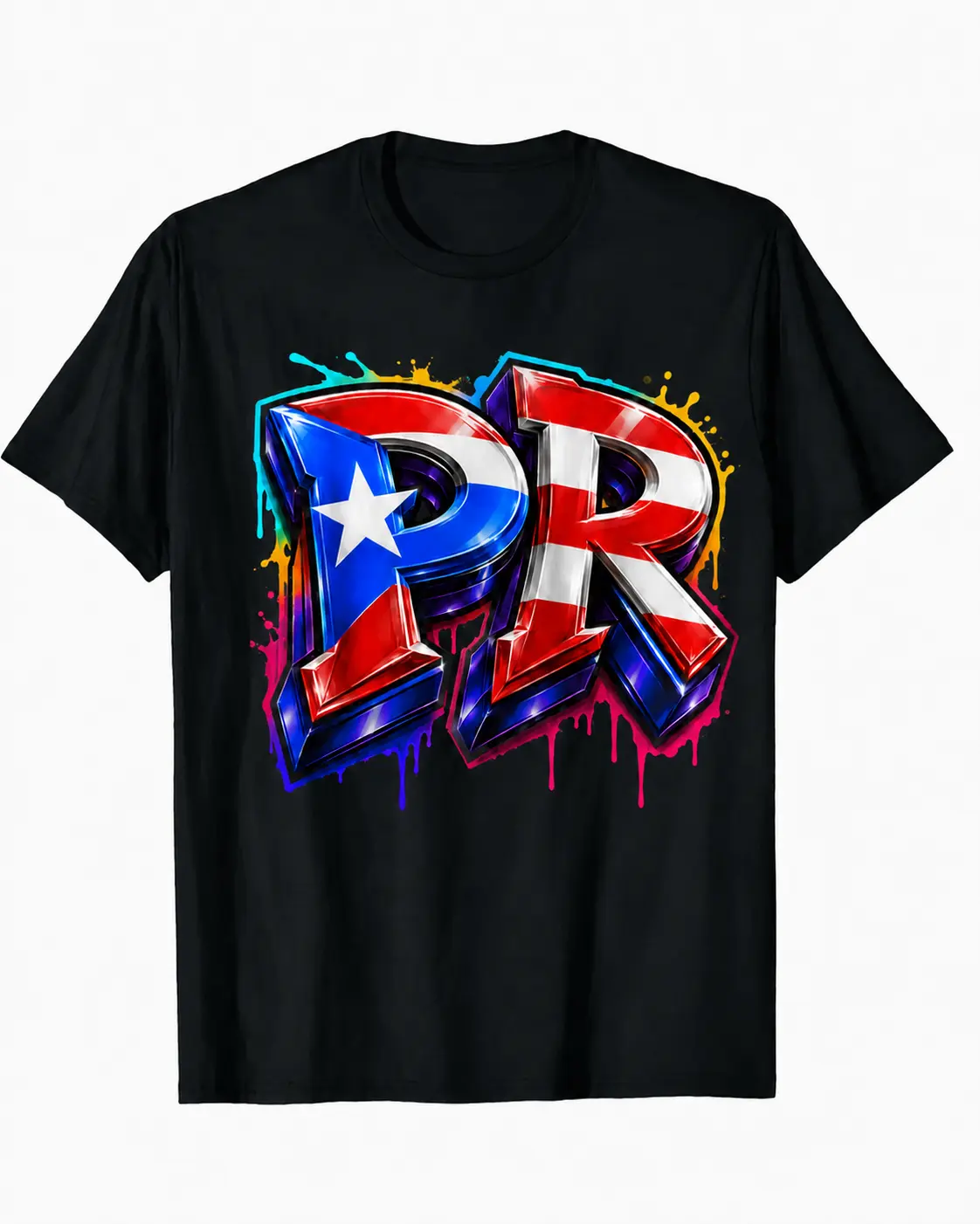 Men's Boricua Pride Graphic T-Shirt - Black Streetwear Cotton Crewneck, Puerto Rico Flag Graffiti Print, Casual Short-Sleeve Top, Easy to Pair with Jeans, Shorts, Joggers, Crew Neck