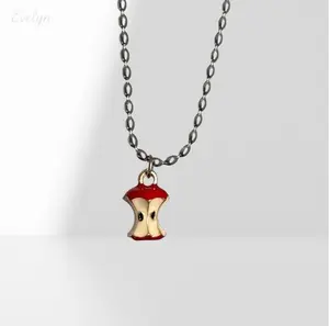 Dainty Mini Enamel Apple Core Pendant Necklace, Silver Tone Oval Link Layering Chain, Cute Fruit Charm Jewelry for Teen Girls Daily Wear & Birthday Small Gift