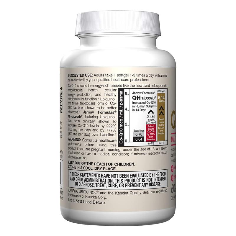 Jarrow Formulas QH-Absorb, 100 mg, Ubiquinol Dietary Supplement for Healthy Cardiovascular Function, 60 Softgels, 60 Day Supply