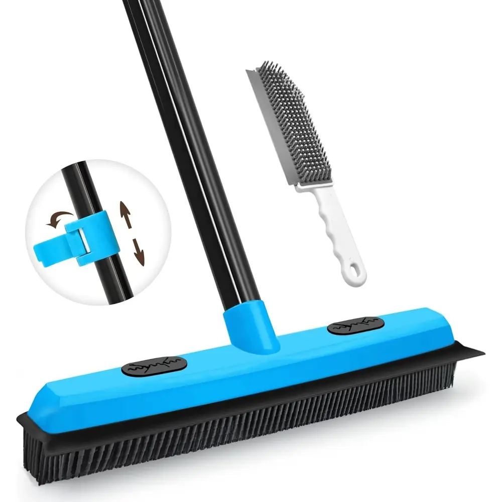 Rubber Broom with Flexible Rubber Bristles, Built-in Squeegee Edge & Detailing Lint Comb, 43.3"-52.8" Telescopic Handle - Easy to Clean Pet Hair Removal Tool for Rug/Tile Floor (Blue), 43.3” To 52.8”