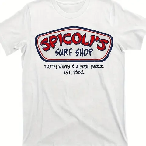 Men's Short-Sleeve Cotton Graphic T-Shirt - Spicoli's Surf Shop 1982 Vintage Logo, Round Neck, 80s Aesthetic, Humor Graphic Tee, Unisex Streetwear, "Taste the waves and follow the trend" Slogan, Machine Washable Casual Top, American Father's Day Gift Idea