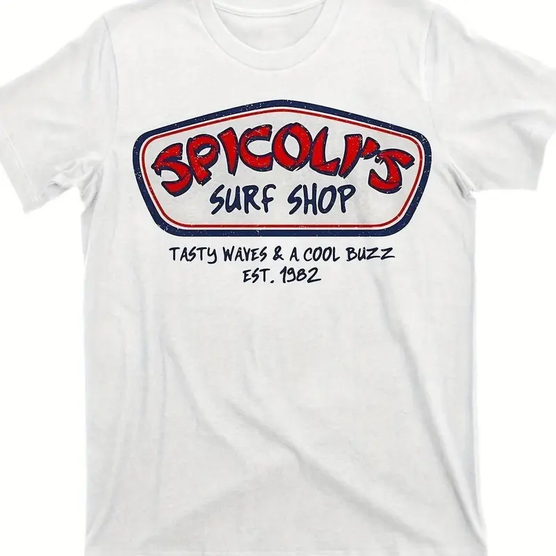Men's Short-Sleeve Cotton Graphic T-Shirt - Spicoli's Surf Shop 1982 Vintage Logo, Round Neck, 80s Aesthetic, Humor Graphic Tee, Unisex Streetwear, "Taste the waves and follow the trend" Slogan, Machine Washable Casual Top, American Father's Day Gift Idea