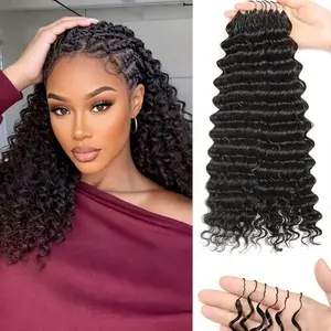18 Inch Deep Wave Feather Crochet Hair Extensions Synthetic Protein Fiber 50G/Pack, Lightweight Boho Crochet Braiding Hair for Protective Hairstyles, Soft Curly Crochet Hair Natural Black
