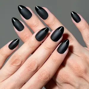 Noir Matte Almond Shape Press-On Nails - Bold Jet-Black Almond-Shaped Nails with Metallic Triangle Detail for Instant Glamour