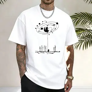 Men’s cosmic space graphic T-shirt featuring an astronaut and solar system print, made from a soft cotton blend—perfect for space enthusiasts, minimalist art fans, casual streetwear, and everyday outfits.