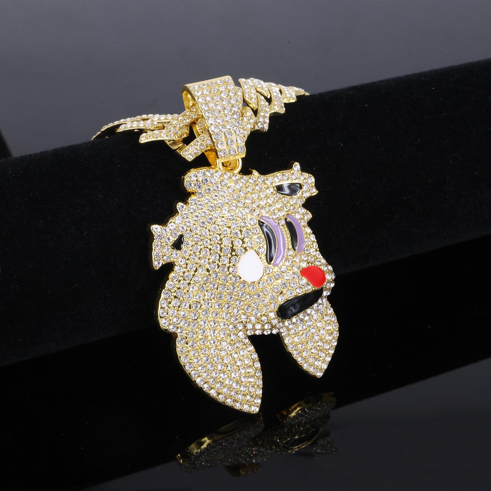 Rabbit Head Pendant with Flip-up Diamond-shaped Necklace Silver Gold Plated Bling Hip Hop Necklace Diamond Angel Wing Pendant Wide Necklace Jewelry Gift for Thanksgiving Party