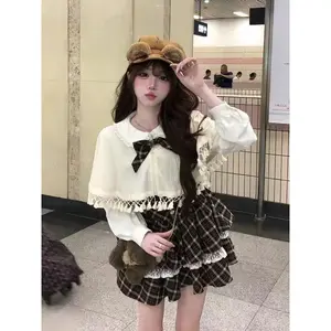 Autumn New Bowk Plaid Sweet Dress Sets Cute Girl Patchwork College Style Two Piece Set Kawaii Mini Dress + Solid Cape Suit 2026