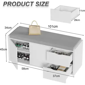 LVB Storage Entryway Bench, Long Shoe Bench with Drawers Storage Shelf, Modern Entry Way Bench with Padded Cushioned Seating, Wood Shoe Rack Bench for Foyer Entrance Living Bedroom, White Oak, 40in