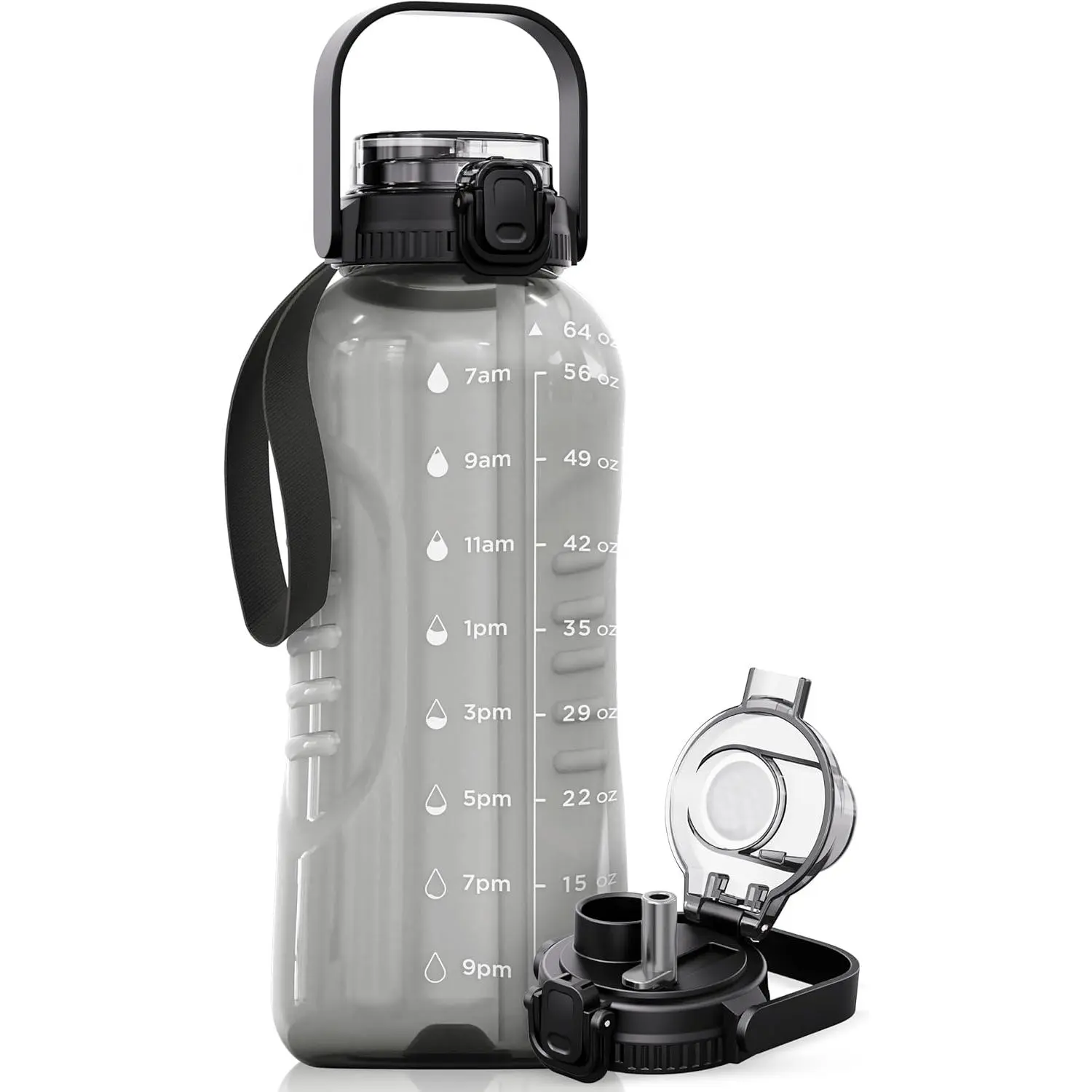 64 oz Water Bottle with Time Marker - 2in1 Straw & Chug Lid - BPA Free Big Water Bottle with Straw - Gym Water Bottle with Strap - Water Jug (64 Ounces, Gray)