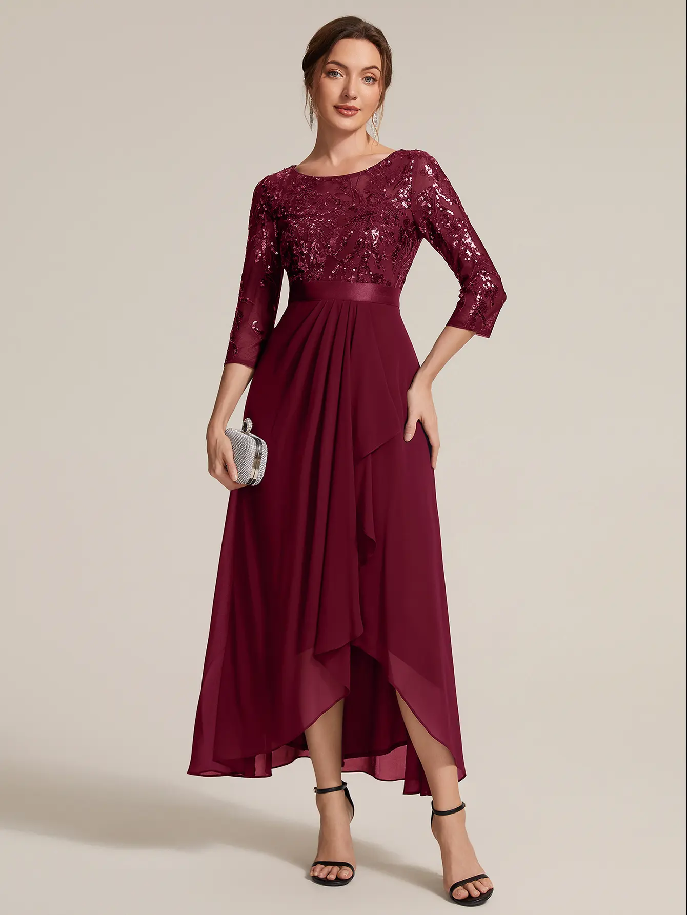 Ever-Pretty 2026 New Trend Sequins Long Sleeve Asymmetrical Hem Evening Dress – Sparkly & Elegant with Flattering Fit for Formal Event & Date Night EE09555