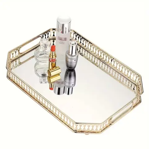 Light Luxury Metal Storage Tray, Vanity Mirror Tray for Cosmetics & Perfume, Home Decoration for Bathroom & Bedroom Table