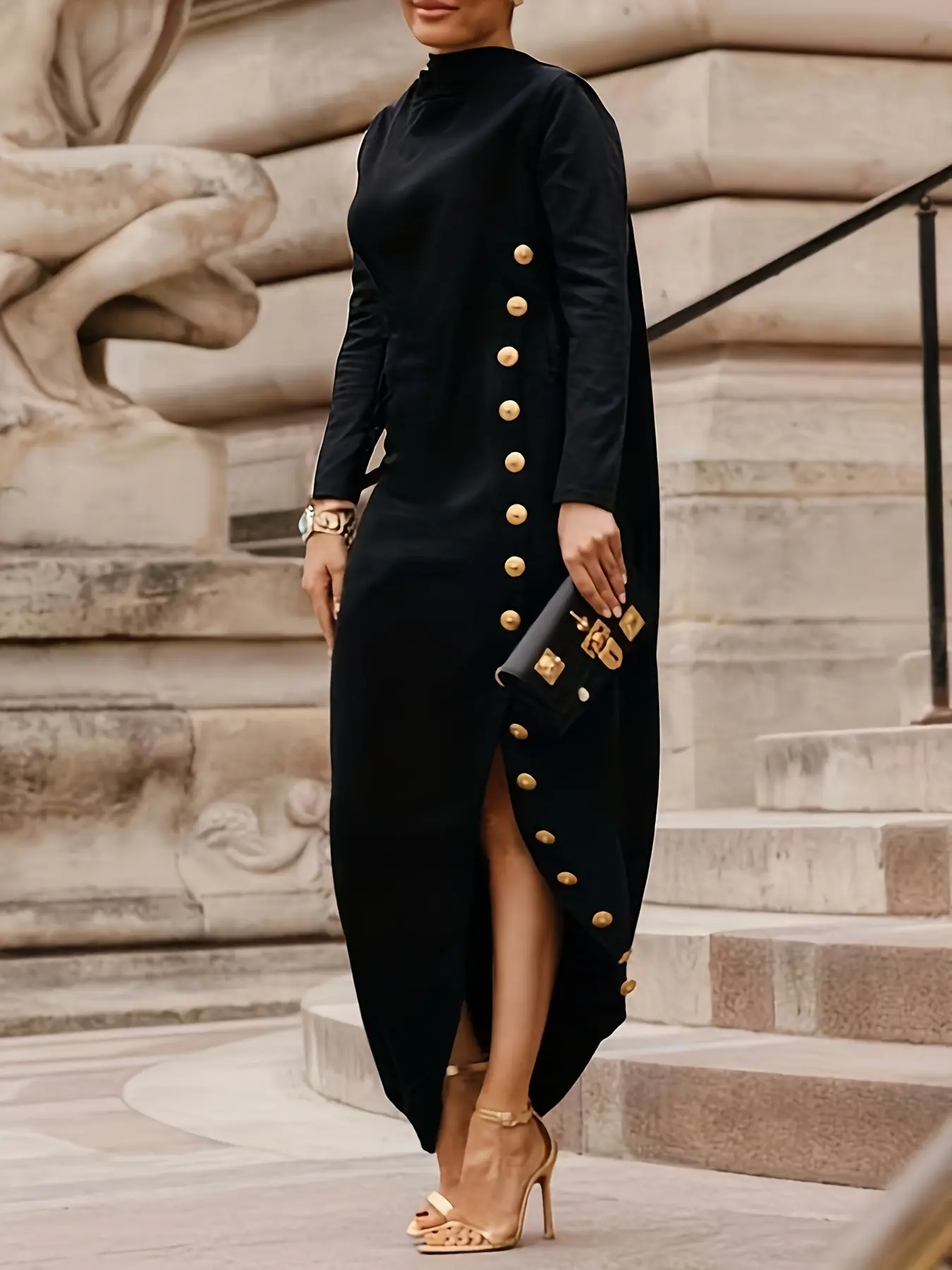 Black Mock Neck Gold Button Maxi Dress | Long Sleeve High Slit Cape Dress | Wedding Guest Evening Formal Elegant Chic Outfit Glam Gown