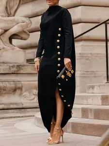 Black Mock Neck Gold Button Maxi Dress | Long Sleeve High Slit Cape Dress | Wedding Guest Evening Formal Elegant Chic Outfit