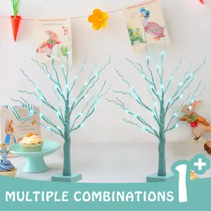 2 Pieces, Cyan Tree Home Decoration, 2 Feet 24 Feet 24lt Tree Lamp Battery Powered Timer, Light up Mother's Day Decoration for Home Bedroom Living Room Fireplace Wedding Party Father's Day and Christmas
