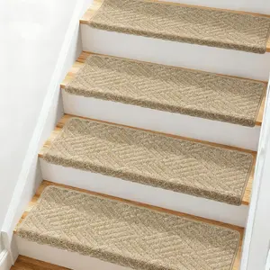 Bullnose Carpet Treads, Stairs Carpet Non Slip 4 Pack, Step Rugs 30"x9.5"x1.7", Soft, Reusable, Peel and Stick Treads for Wooden Steps Indoor (Beige, Twill Pattern)