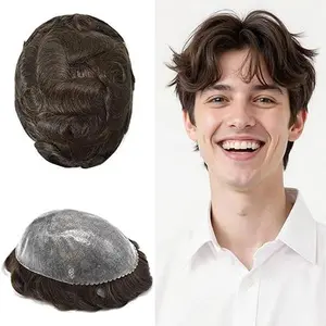 【TIMIA】Men's Soft PU Leather Wig, Men's Single Knot Human Hair with 8X10 Inch 0.06mm Leather Cap, Veer European Natural Wave Men's Replacement Wig (#3 Brown)