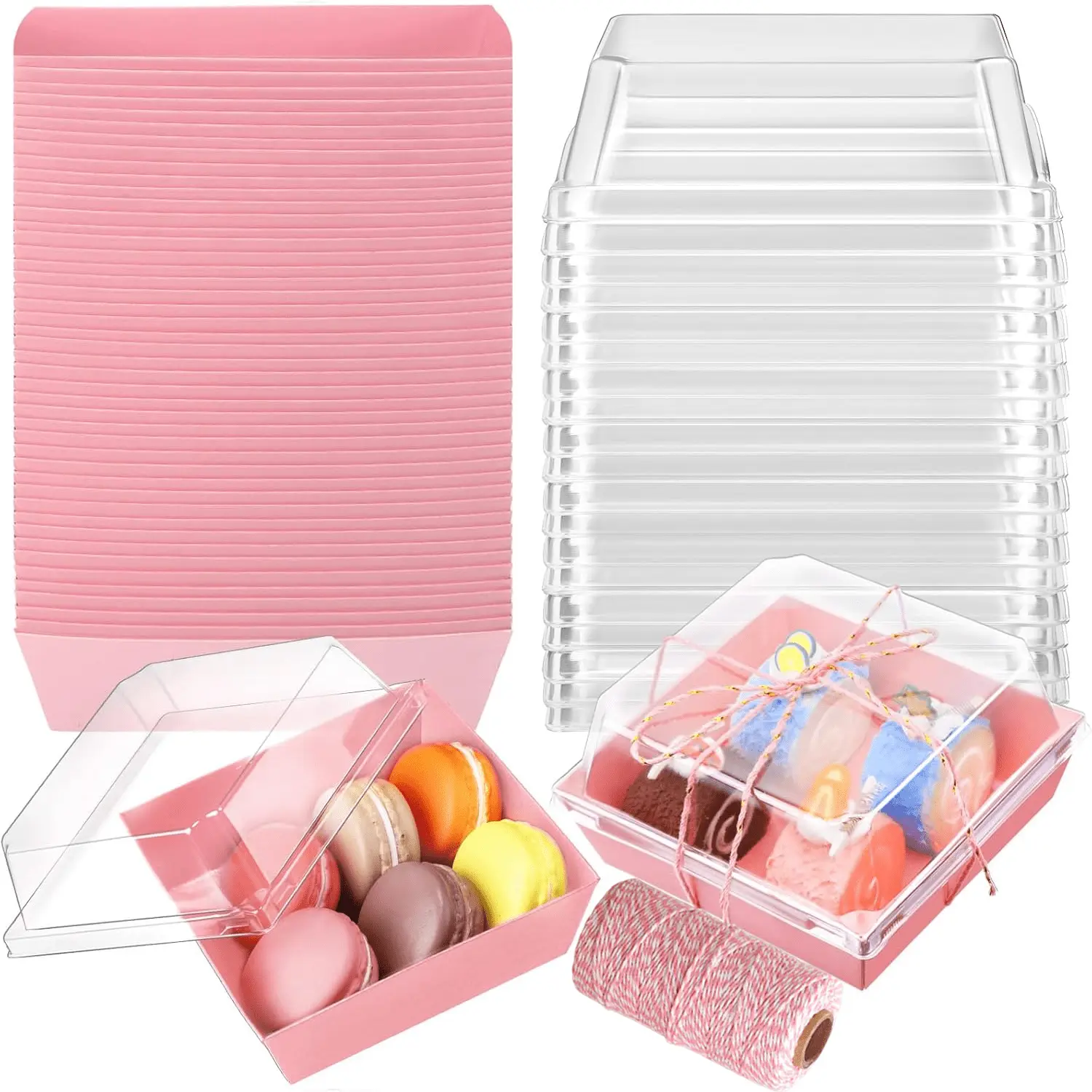 50Pcs/Set Paper Charcuterie Boxes with Clear Lids,4 inch Pink Square Bakery Boxes,Suitable for Desserts,Strawberries,Cookies,Treats,Mini Cake,Halloween Christmas Party Gifts,DIY Hand Tools Kits